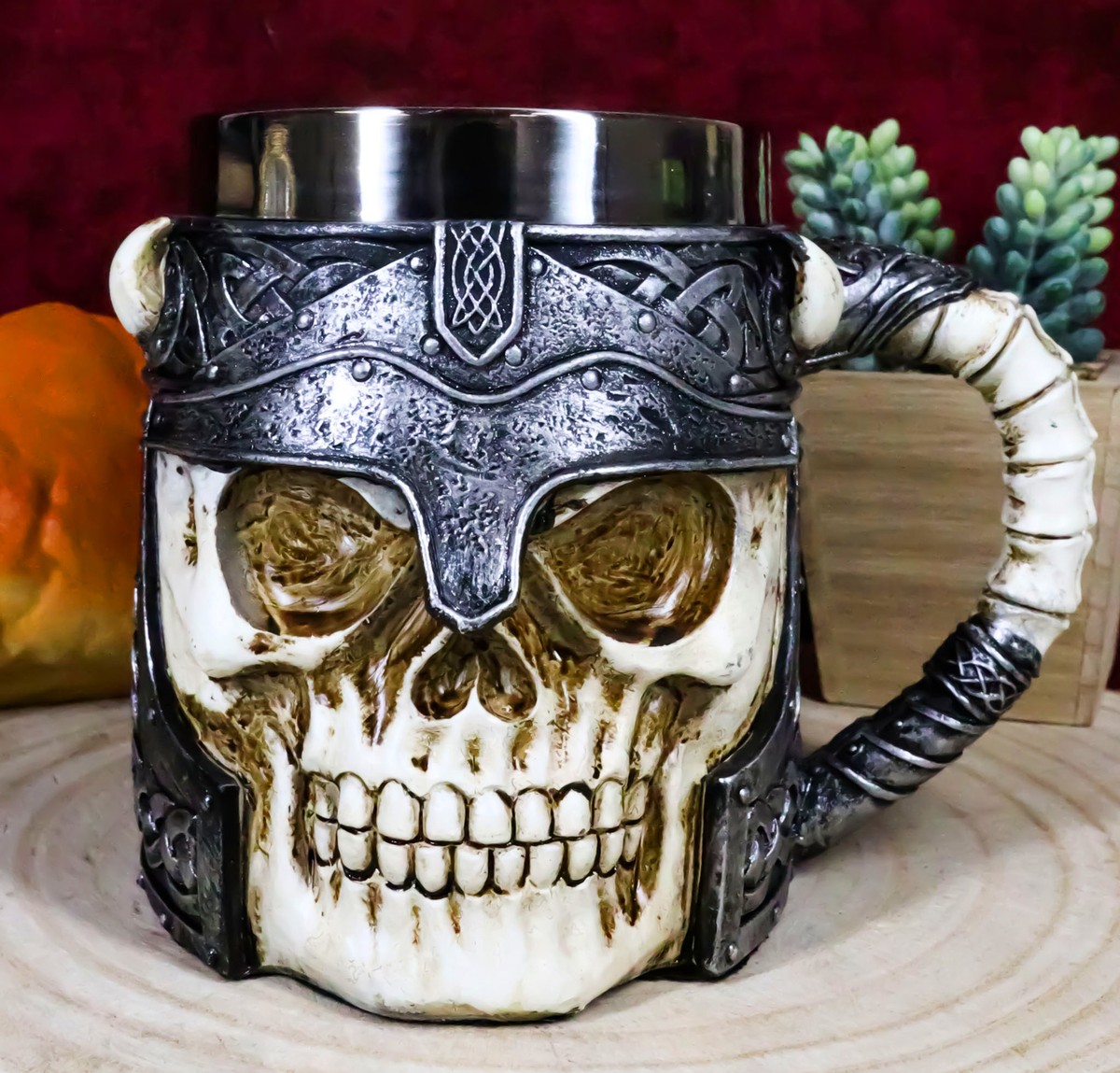 Viking Horned Demon Warrior Skull With Battle Helmet Beer