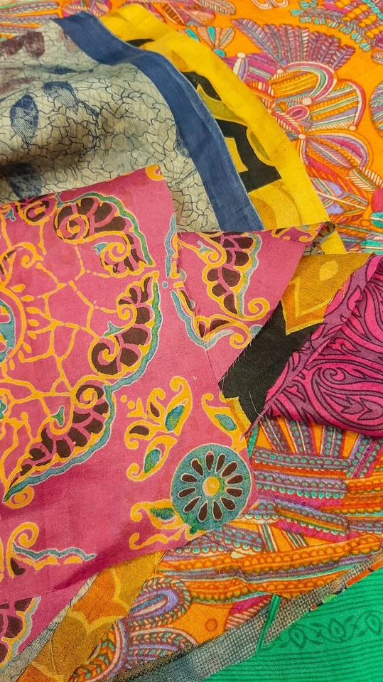 Gran Lote 100% Seda Pura Vintage Tela Sari Restos Chatarra Paquete Acolchado SL6 Foto 4 de 4