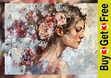 Floral Woman Portrait 5"x7" Print on Matte Paper | Romantic Oil Artwork