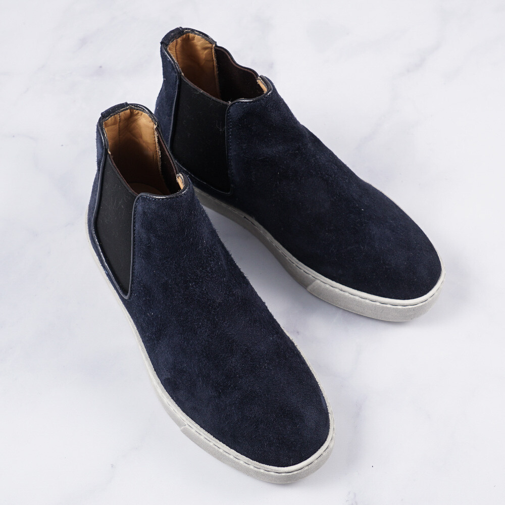 Santoni Navy Blue Calf Suede High-Top Chelsea Sneakers US New