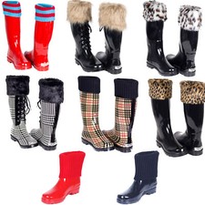 Women Rubber Rain Boots - Flat Mid-Calf Snow Boots, Knit & Faux Fur Mock Cuff