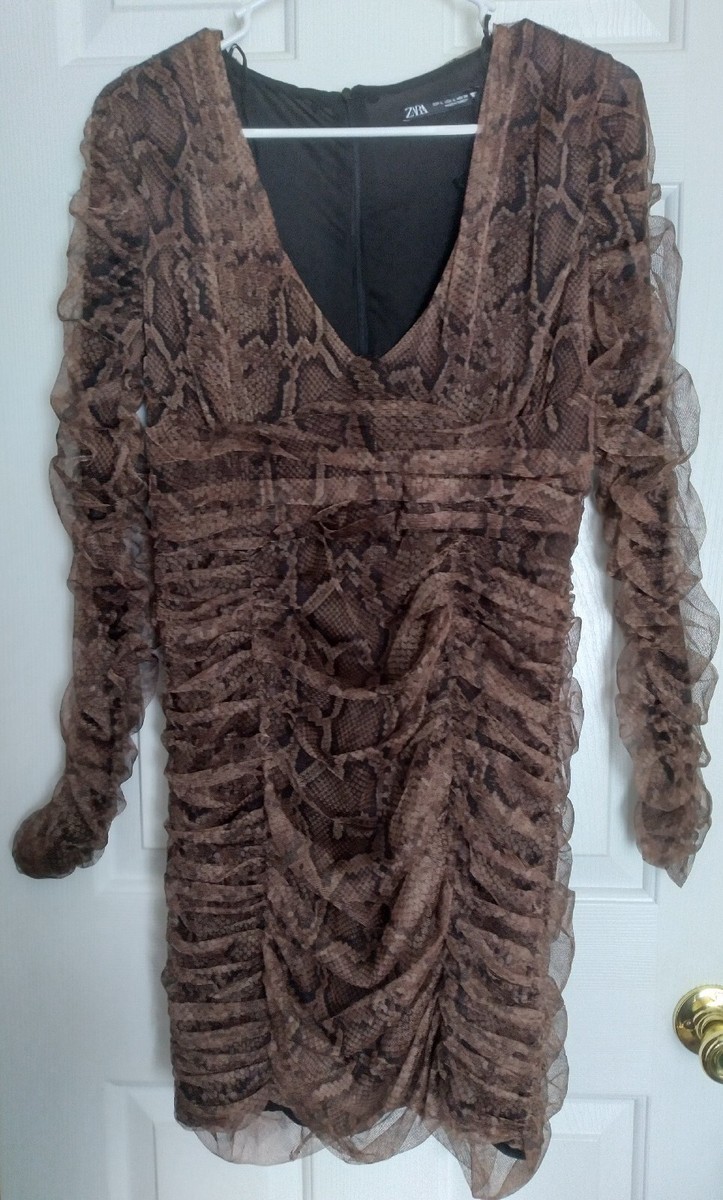 zara ruched snake mini dress Zara Brown Ruched Mini Dress Snake Print Long Sleeves Size Large Women’s