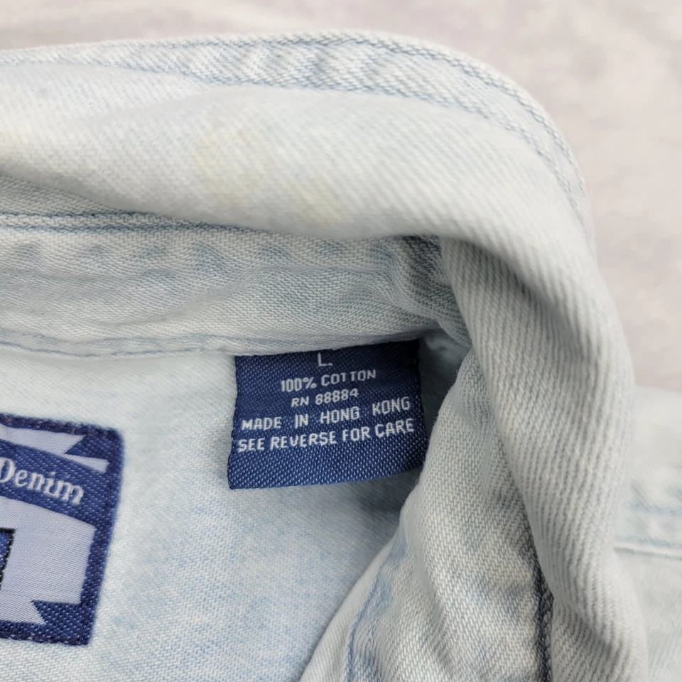 All Sport Denim Shirt Mens Large Blue Jean Button Up Bear USA Flag Vintage Adult - Image 4 of 4