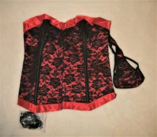 LOVELY DAY LINGERIE SEXY BLACK LACE OVER RED SATIN CORSET SET Size 32