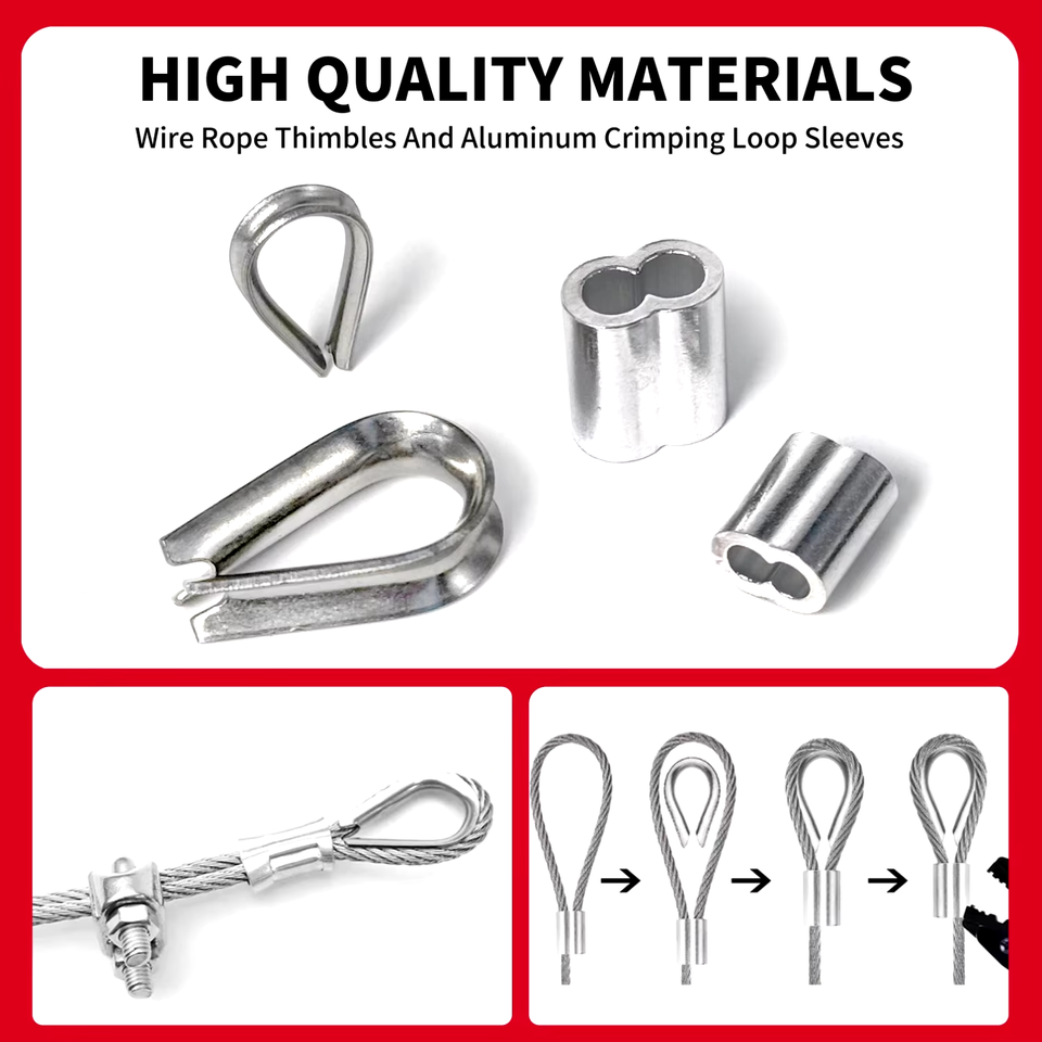 256Pcs 304 Stainless Steel Wire Rope Cable Thimbles Combo and Aluminum
