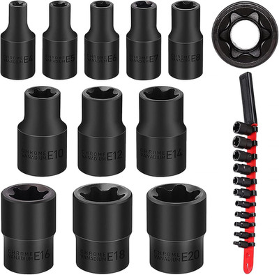 11-Piece E-Torx Socket Set E4 E5 E6 E7 E8 E10 E12 E14 E16 E18 E20, Black