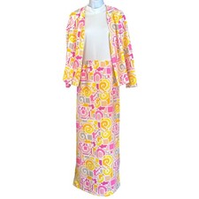 Vintage 70s Mod Geometric Hostess Set Maxi Skirt Jacket Pink Yellow Retro