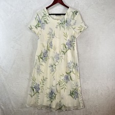 Vintage Amanda Smith Dress Womens 12 Cream Floral Chiffon Midi Short Sleeve