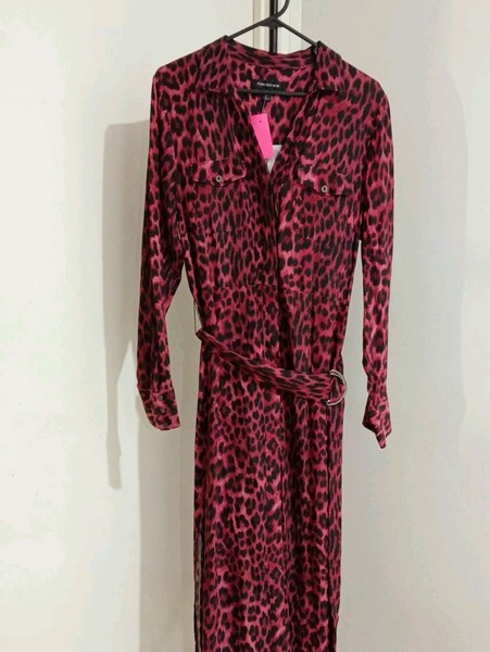 Forever New Leopard Print Maxi Shirt Dress Burgundy Black Long Sleeve Size 14