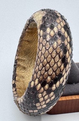 TED ROSSI NYC Exotic Snakeskin Leather Bangle Bracelet Wide Cuff Gold Interior