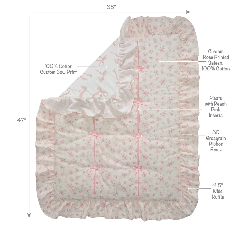 Juego de ropa de cama estética de 3 piezas con lazos rosas florales coqueta de corderos e hiedra para cuna de bebé Foto 3 de 4