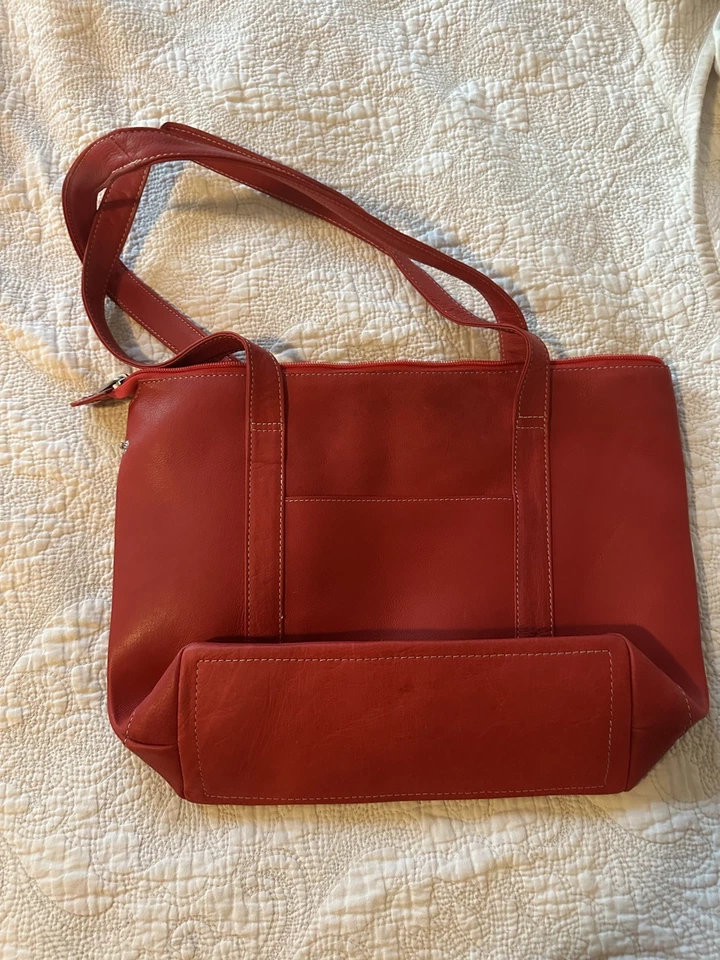 LeDonne Red Leather Tote Handbag Softer Leather Multiple Pockets Medium Size - Image 2 of 4