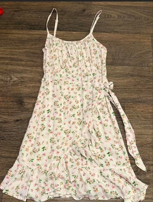 Justify Women's White Pink Green Floral Wrap Midi Dress Square Neck Tie L