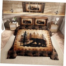 Bear Print Size Comforter Set,Wild Animal Hunt Pine Trees Retro Full Color 12