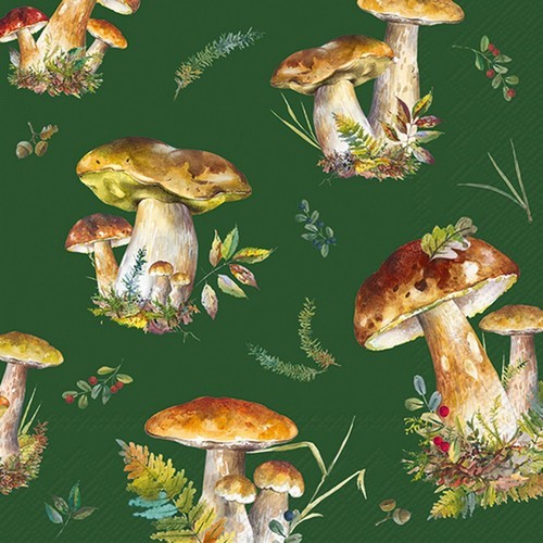 20 Servietten Mushroom Collection Green Pilze Wald Farne Pflanzen GrüN 33X33Cm-image