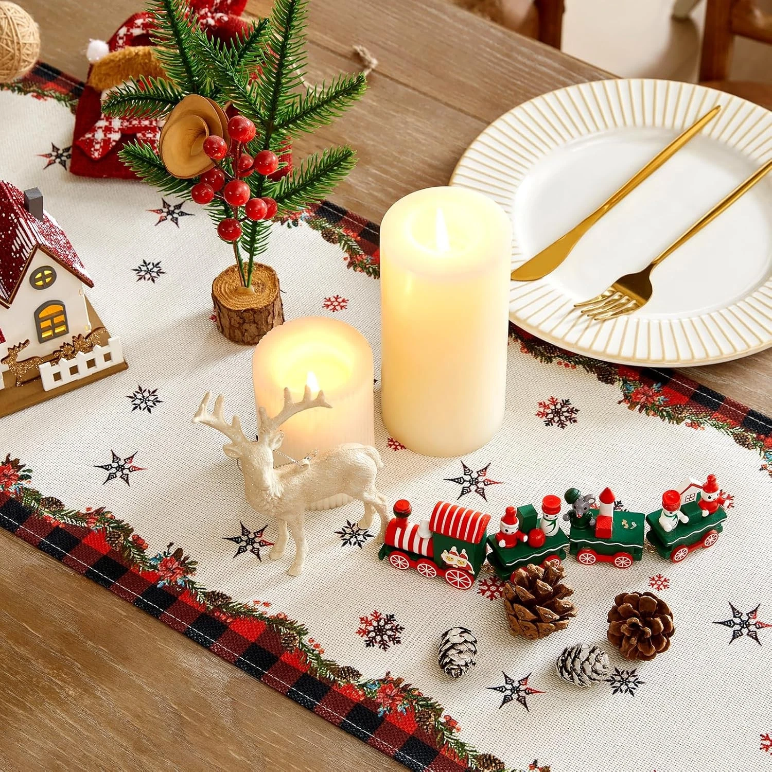 Christmas Table Runner - Xmas Tree Snowflakes Pine Needles Winter Holiday Decor