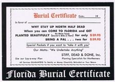 Postcard Comic Burial Certificate Florida