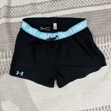 Under Armour Heat Gear Shorts Women S Black  Light Blue Logo Loose Fit