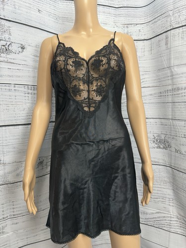 Vintage Sedu USA Made Black Satin Lace Slip Dress S Babydoll Lingerie 90s EUC - Picture 3 of 14