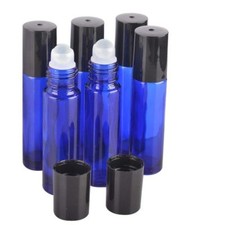 6 Bottles Cobalt Blue 1/3 oz,10 ml GLASS Roll On Bottle With Black Cap  Roller