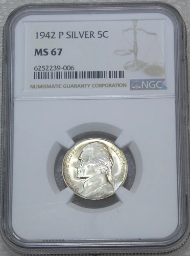 1942 P Jefferson Wartime Silver Nickel NGC MS67 Frosty White Luster PQ #J467C