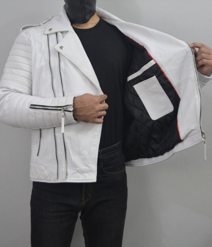 BOMBER BIKER New Men's White Silver Zipper Jacket Soft Lambskin Moto BikerJacket - second product detail image