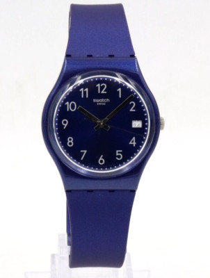 New Swiss Swatch ESSENTIALS SILVER IN BLUE Silicone Date Watch 34mm GN416 $75