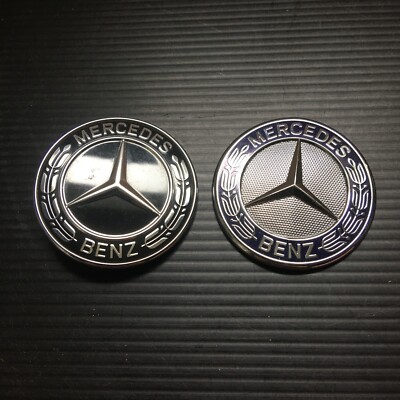 2 PCS MERCEDES BENZ BONNET Black and Silver Tone Badges 2''D Made in Germany