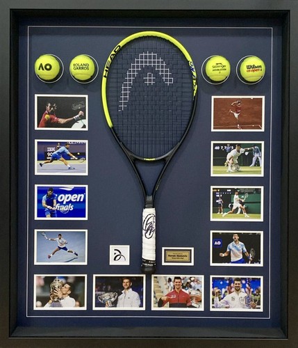 NOVAK DJOKOVIC Signed Tennis Racquet + Photos + Grand Slam Balls FRAMED COA - Picture 3 of 4