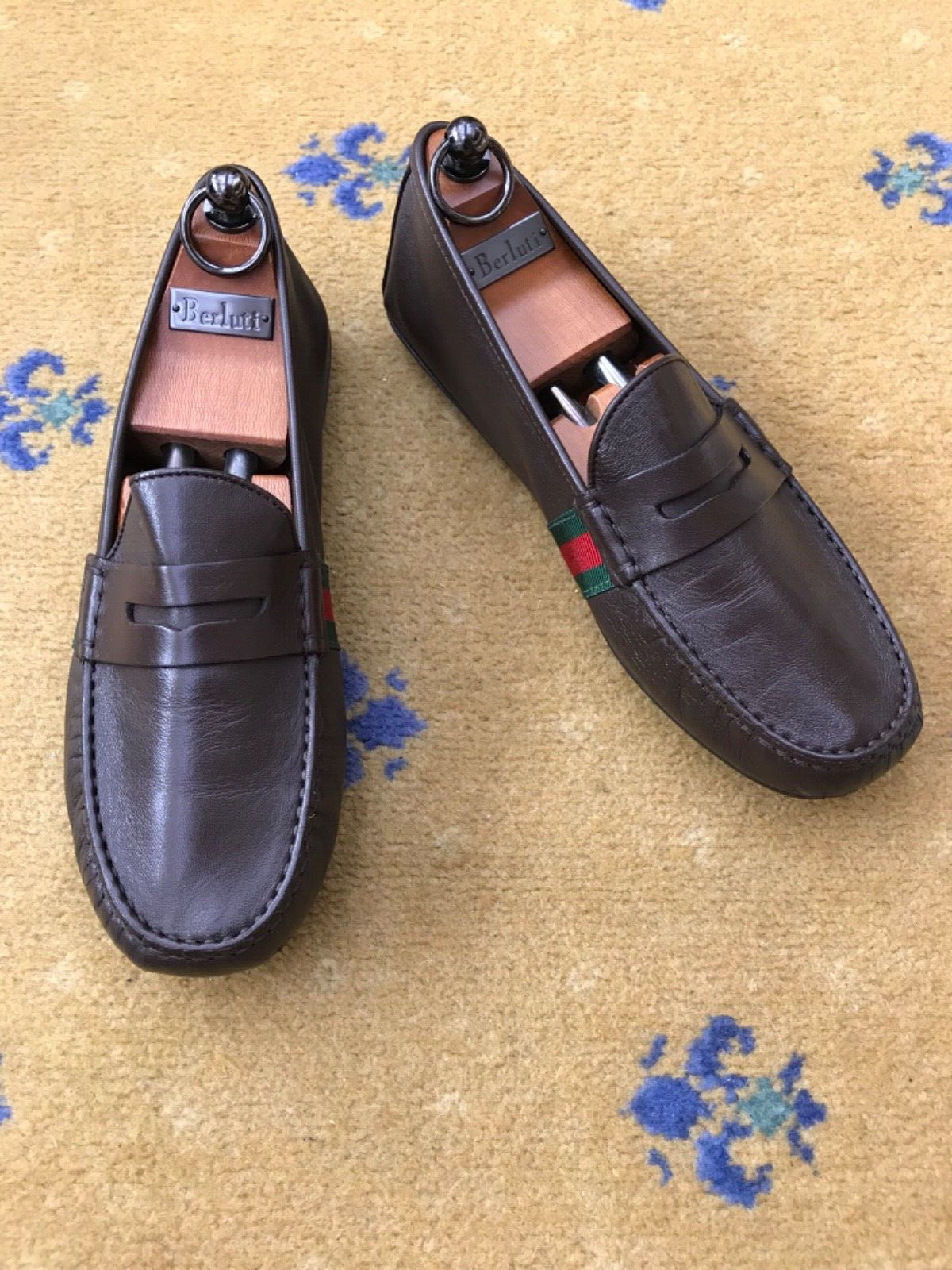 Gucci Loafers Shoes Drivers Brown Leather Mens UK 5.5 US 6.5 39.5 Web Green Red thumbnail 5