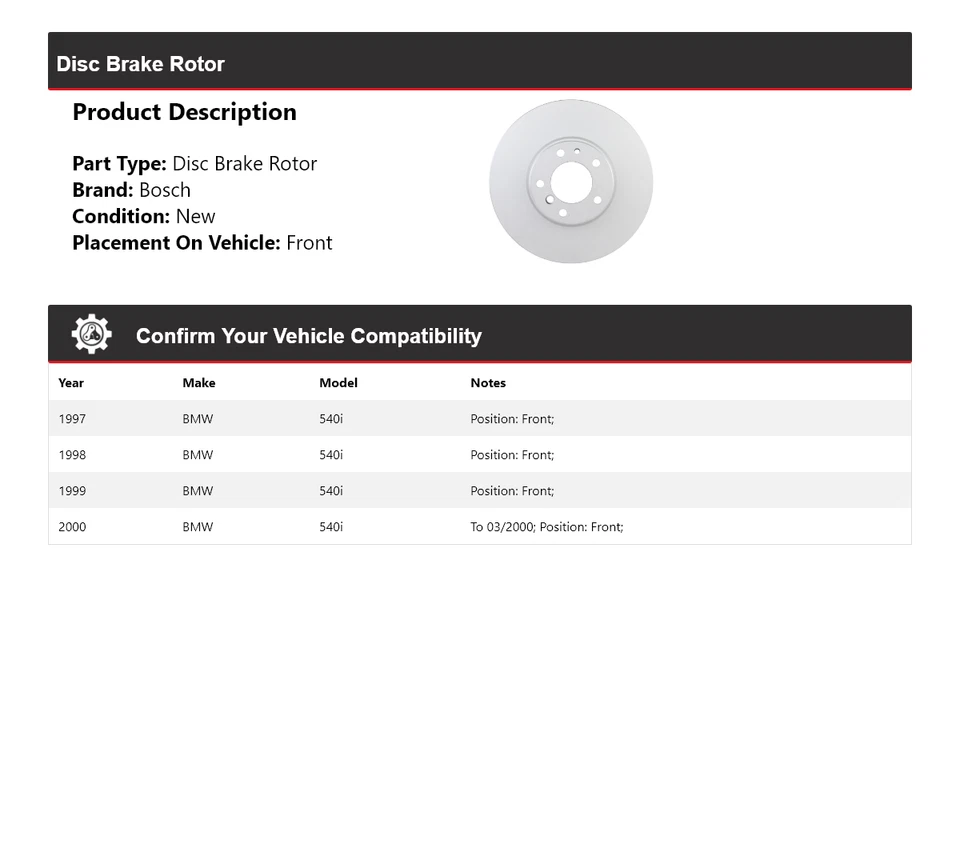 Rotor de freno de disco delantero QuietCast Bosch 1997-2000 BMW 540i Bosch 1998 1999 Foto 2 de 4