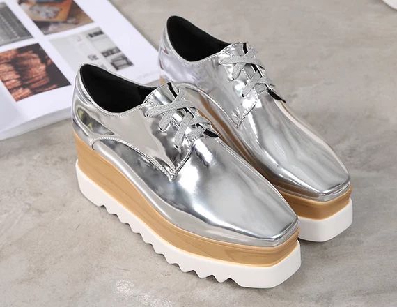 Womens Brogue New Patent Leather Wedge Heels Creepers Punk Shoes Pumps Plus Size - Image 4 of 4