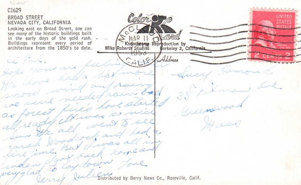 Postcard CA Nevada City Broad Street Old Cars Posted 1953 Vintage PC