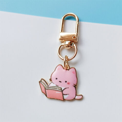 Chic Pink Cat Reading Keychain Cartoon Pendant for Women's Fashion Backpacks