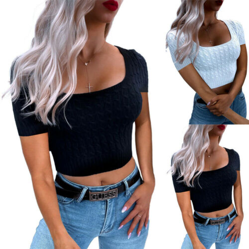 Damen Strick Slim Fit Crop Tops Damen Einfarbig Kurzarm T-Shirt Shirt Sommer - Bild 3 von 12