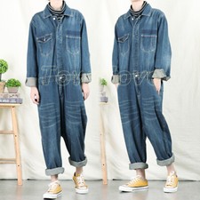 Men Denim Loose Casual Overall Jumpsuit Jeans Coat Suspender Romper Cowboy Pants