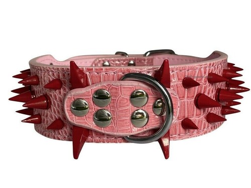 Dog Collar Sharp Red Spikes Spike Adjustable Rivet PU Leather 2" wide S M L XL - Picture 23 of 36