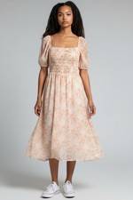 Tommy Hilfiger Peach Floral Chiffon Puff Sleeve Smocked Midi Dress Square Neck L