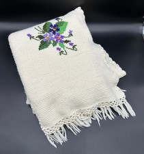 Vintage Afghan Throw Blanket Purple Violets Handmade Crochet Fringe Cottage READ