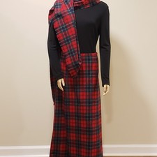 Gorgeous Red Green 100 Wool Tartan Plaid Maxi Skirt w/ Matching Wrap/ Shawl S 6