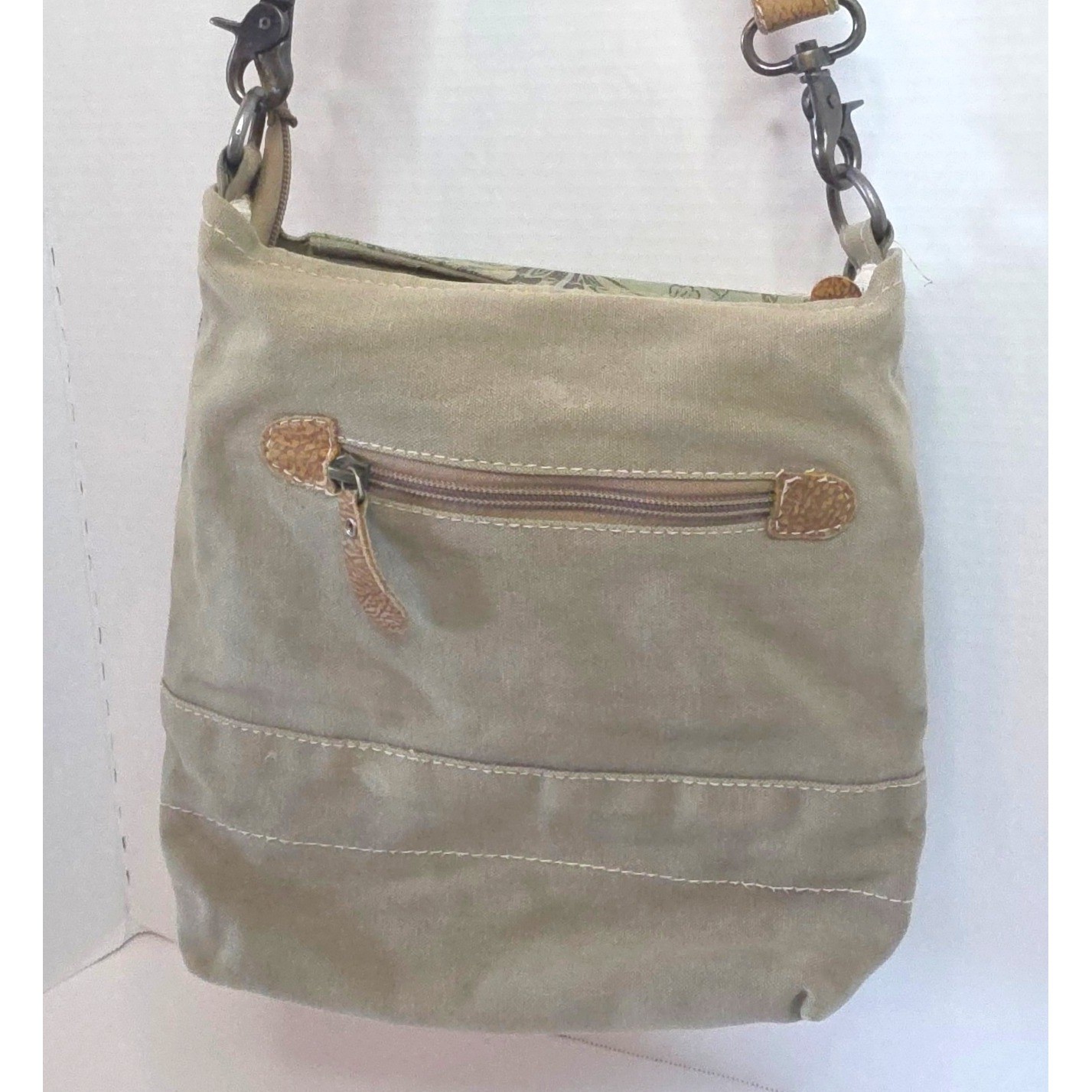 Myra Bag Eau De Nil Cowhide Floral Canvas Shoulder/Crossbody Upcycled Materials