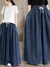 Womens Trousers Elastic Waist Wide Leg Straight Loose Casual Pants Denim Jeans
