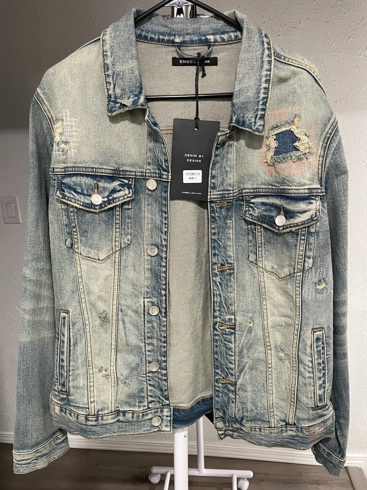 Embellish Distressed Denim Jacket LG - product detail image 1