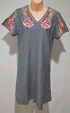 THML Anthropologie Embroidered Dress Cotton Grey Striped Floral Size Small