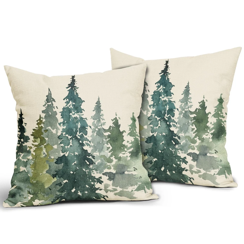 Tree Pillow Covers 18x18 Set of 2 Green Teal Forest Rustic Nature Themed Deco... - Image 2 of 4