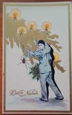 29B CARTOLINA BUON NATALE- PIERROT CON RAGNETTO PORTA FORTUNA E CANDELE LUMINOSE