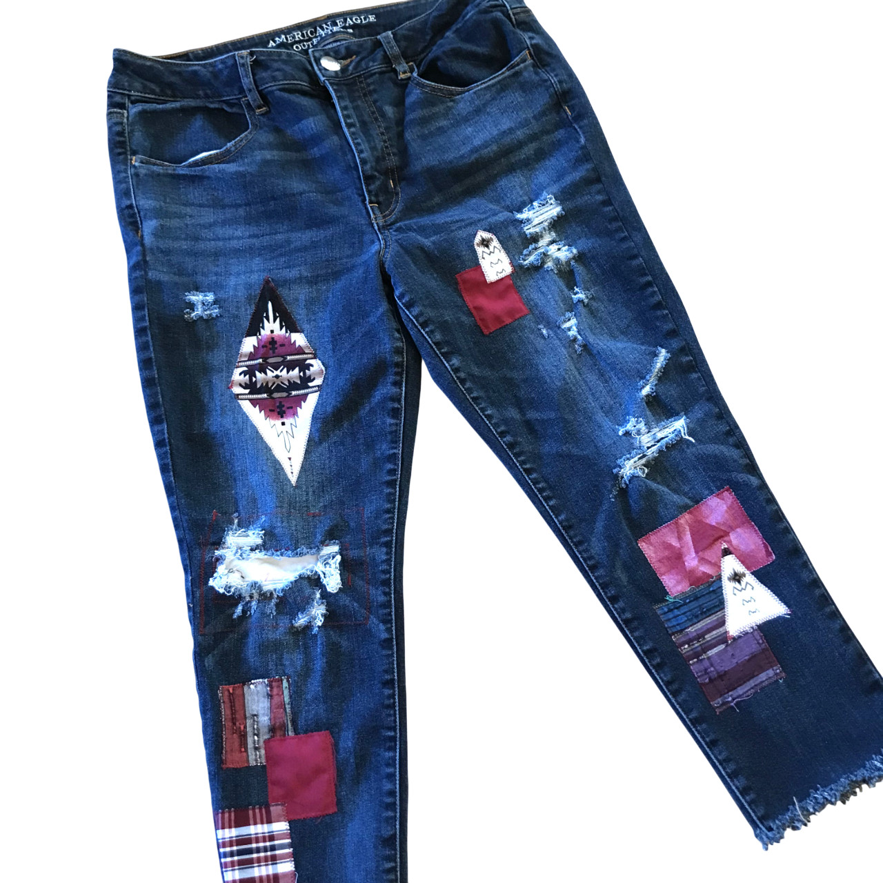 Upcycled Aztec Patchwork Jeans, Distressed Croppe… - image 1