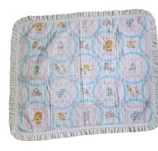 Vintage 1980s Care Bears Cousins Baby Blanket Quilt Ruffle Trim Pink Blue 47 40