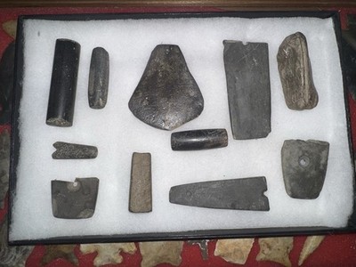 Collection Of Various Native American Hard Stone Pieces Drilled Gorgets Pipes