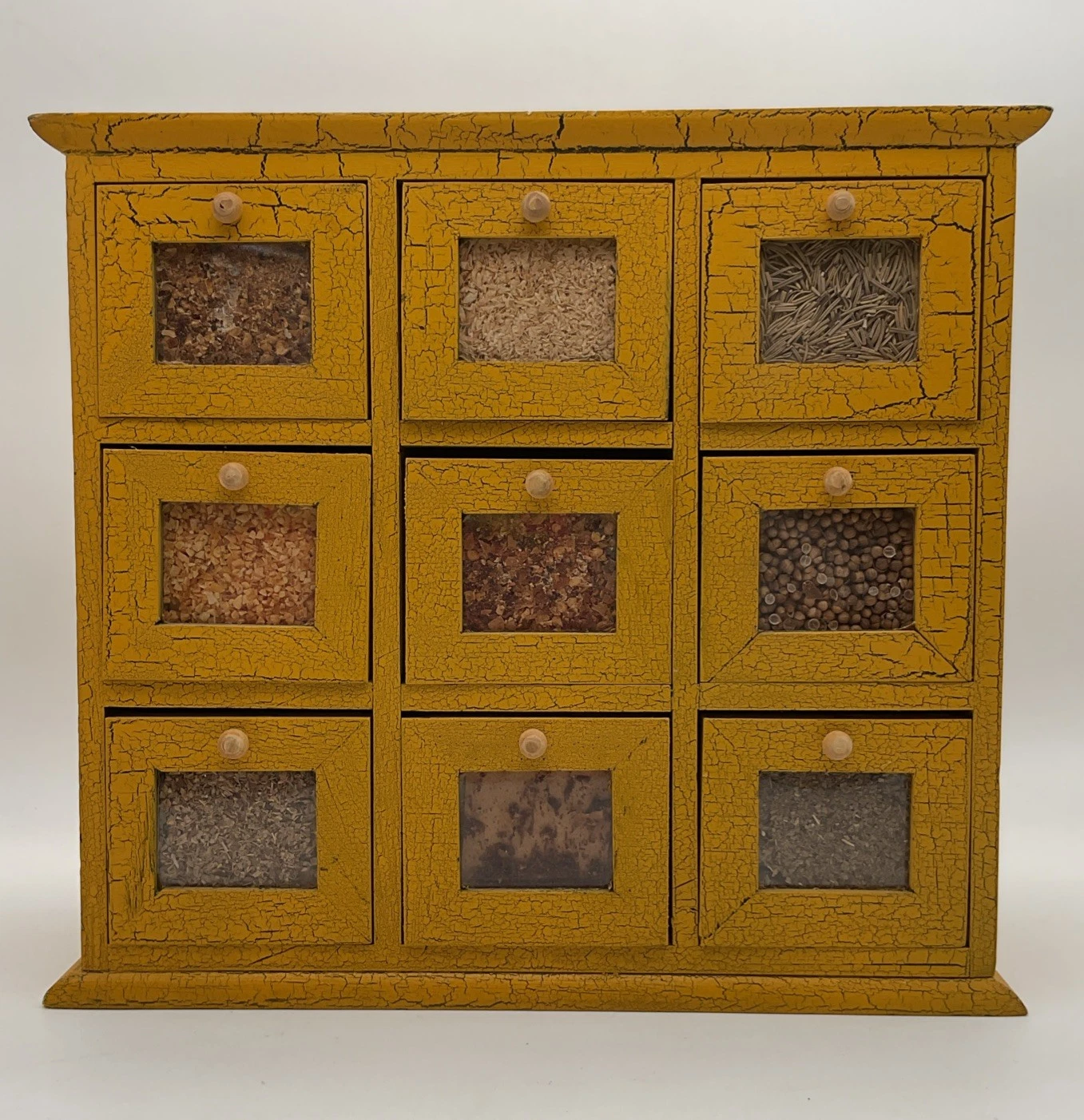 Apothecary Style 9 Drawer Spice Cabinet Painted Mustard Colored Crackle Finish